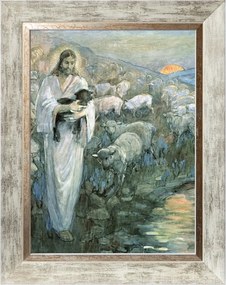 Jézus, A Jó Pásztor Vallásos Vászonkép Fehér Keretben 30X40