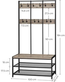 Előszobafal, Ruhafogas 12 kabát kampóval és cipőtartóval szürke-fekete 184 cm magas