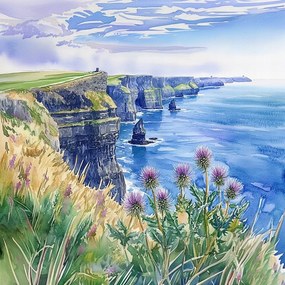 Vászonkép Canvas Akvarell Sziklák Mohair Írország Tenger Rét 40x40