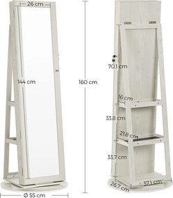 Álló ékszeres szekrény, tükörrel, polcokkal, zárható, fehér 162x55x55cm