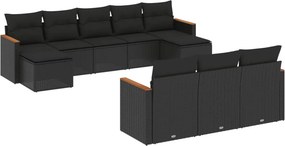vidaXL 10 részes fekete polyrattan kerti ülőgarnitúra párnákkal