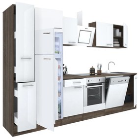 Yorki 310 konyhabútor yorki tölgy korpusz,selyemfényű fehér front alsó sütős elemmel felülfagyasztós hűtős szekrénnyel