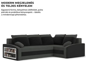 Grande sarokkanapé polcokkal , polc a bal karfaban, jobboldali, szövet anyag, bonell töltet, szürke - fekete