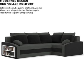 Grande sarokkanapé polcokkal , polc a bal karfaban, jobboldali, szövet anyag, hab töltet, szürke - fekete