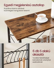 Gurulós konyhai állópolc 3 polccal és 6 S-kampóval, mikrohullámú sütőhöz, 60 x 40 x 89 cm, rusztikus barna és fekete