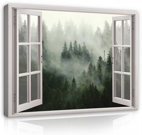Vászonkép, Kilátás az ablakból, ködös erdő, 60x40 cm méretben