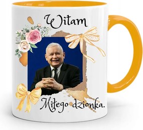 Sárga Vicces Bögre Jaroslaw Kaczynski felirattal, fényképpel