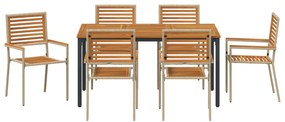 7 darabos kerti étkező szett Bézs poli rattan akácia, Egymásra rakható kerti szék párnákkal - 2 darabos készlet Bézs poli rattanban, Kerti asztal 150x90x75 cm Szilárd akácia fa és fém