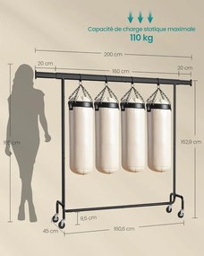 Ruhatartó állvány kerekekkel, extra hosszú,hordozható, fekete