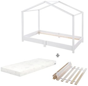 Fehér tömörfa házikó alakú gyerekágy matraccal-ágyráccsal 70x140 cm – Roba