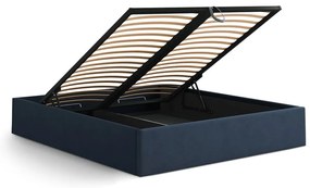 Sötétkék kárpitozott ágyneműtartós-ágytámla nélkül franciaágy ágyráccsal 180x200 cm Susan – Micadoni