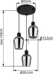 Globo 15627-3 Függeszték fém fekete matt, füstszínű üveg, fekete PVC kábel, magassága rövidíthető, ø: 285mm, M: 1500mm, 3x E27 40W 230V izzók nélkül
