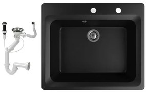 Gránit mosogató NERO Italia + automata dugókiemelő + szifon készlet (matt fekete)