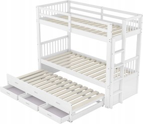 Emeletes ágy 90x200 cm gyerekágy létrával 3 fiókkal, fehér