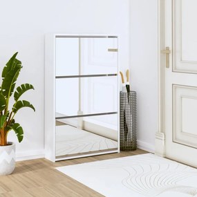 magasfényű fehér 3 szintes cipőszekrény tükörrel 63x17x102,5 cm