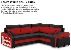 Grande sarokkanapé polcokkal és puffokkal , polc a bal karfaban puffok a jobb karfaban, jobboldali, szövet anyag, bonell töltet, fekete - piros