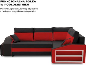 Grande sarokkanapé polcokkal és puffokkal , polc a jobb karfaban puffok a bal karfaban, jobboldali, szövet anyag, bonell töltet, fekete - piros