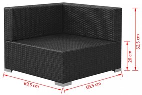 3-részes fekete polyrattan kerti bútorszett párnákkal