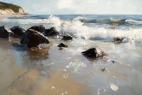 Vászonkép Canvas Tájkép Tenger Tengerpart Szikla Kövek Sziklák Hullámok 120x80
