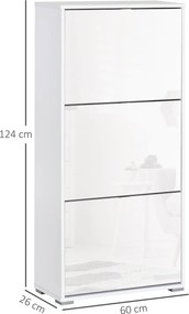 HOMCOM Cipőtároló Szekrény 3 Lehajtható Ajtóval, 3 Rekesszel, Fa 60L x 26W x 124H cm Fényes Fehér | Aosom