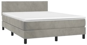 világosszürke bársony rugós és LED-es ágy matraccal 140x190 cm