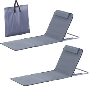 Outsunny 2 db-os Összecsukható Tengerparti Matrac Kihajtható Háttámlával 5 Féle Fejpárnával és Hordtáskával 134x48x33-43 cm Szürke | Aosom