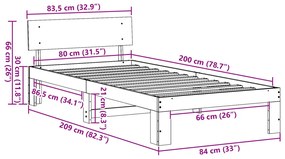 Ágykeret fejtámlával Fehér 80x200 cm Tömör fenyőfa