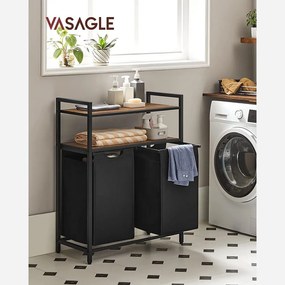 VASAGLE szennyesválogató 2 kihúzható, kivehető zsákkal (2 × 46 l) és 2 polccal, rusztikus barna-fekete