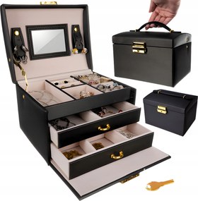 Ékszerdoboz Kulcsos Táska Tükör Fiókok Fekete