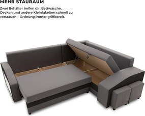 Grande sarokkanapé polcokkal és puffokkal , polc a bal karfaban puffok a jobb karfaban, jobboldali, szövet anyag, bonell töltet, szürke - fekete