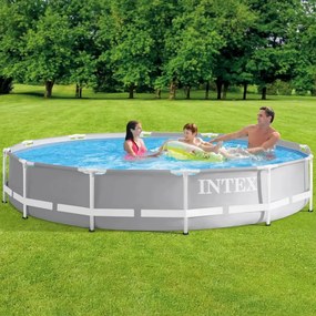 INTEX MetalPrism Set kör alakú medence szett 366 x 76 cm, 2m³ papírszűrős vízforgató rendszerrel, Hydro Aeration befúvóval, 6503 literes, szürke (26712)