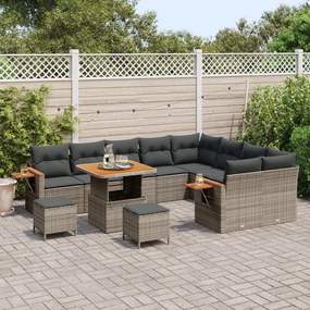 12 Darabos Kerti Szófa Szett Párnákkal Szürke Poly Rattan Akác, 3 Darabos Kerti Étkező Szett Párnákkal Szürke Poly Rattan Akác