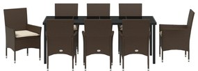 9 Darabos Kerti Étkező Szett Párnákkal Barna Poli Rattan, Kerti Asztal Fekete 200x80x73 cm Edzett Üveg