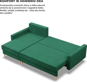 Etna sarokkanapé, 2 ágyneműtartóval, bársony, univerzális oldal, bonell töltet, zöld