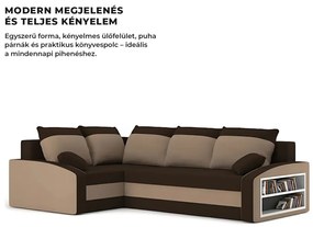 Grande sarokkanapé polcokkal , polc a jobb karfaban, baloldali, szövet anyag, bonell töltet, barna