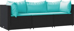 vidaXL 3 részes fekete polyrattan kerti ülőgarnitúra párnákkal