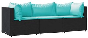 vidaXL 3 részes fekete polyrattan kerti ülőgarnitúra párnákkal