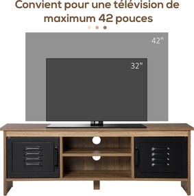 HOMCOM 43" Ipari Stílusú TV Állvány 2 Szekrénnyel, 2 Niche-el, 2 Kábelnyílással, Faforgács Felülettel és Fekete Fém Ajtókkal | Aosom