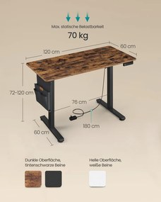 SONGMICS állítható magasságú asztal (72-120 cm), 4 memóriás, antikbarna-fekete