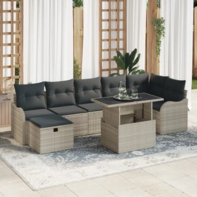 8 darabos kerti kanapé szett párnákkal, világosszürke poli rattan, 2 személyes kerti kanapé tárolóval és párnákkal, világosszürke poli rattan