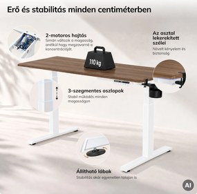 Elektromos, állítható magasságú, ergonomikus, fehér/dió íróasztal,1600x800 mm: ARIA