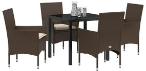 5 Részes Kerti Étkező Szett Párnákkal Barna Poli Rattan, Kerti Asztal Fekete 80x80x73 cm Edzett Üveg