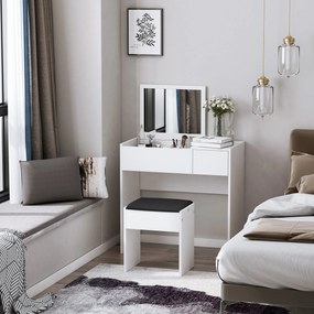 HOMCOM Sminkelőasztal Stool-al - Forgatható Tükörrel és Tárolódobozokkal 80x40x79 cm és 40x30x40 cm Fehér | Aosom