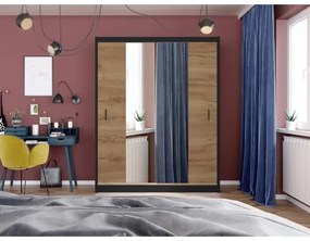 MIRO gardróbszekrény tükörrel 203x215 cm, craft tölgy/fekete