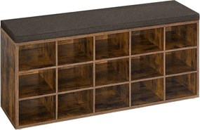 Cipőtartó pad, tárolós pad párnázott ülőfelülettel 30 × 105 × 48 cm, rusztikus barna színben