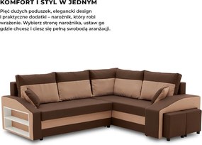 Grande sarokkanapé polcokkal és puffokkal , polc a bal karfaban puffok a jobb karfaban, jobboldali, szövet anyag, bonell töltet, barna