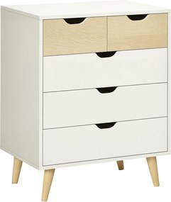 HOMCOM 5-Fiókos Komód Emelt Lábakkal Hálószobába, Nappaliba vagy Irodába – Modern Stílus, Anti-tipp 60x40x77,5 cm Természetes és Fehér | Aosom