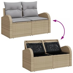 11 Darabos Kerti Sofa Szett Párnákkal Bézs Poli Rattan Akác, 2-személyes Kerti Sofa Tárolóval és Párnákkal Bézs Poli Rattan, 3 Darabos Kerti Étkező Szett Párnákkal Bézs Poli Rattan Akác