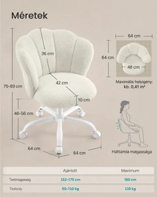 SONGMICS irodai szék és sminkszék, virágszirom háttámlával, állítható magassággal, görgőkkel, max. 110 kg, krémfehér