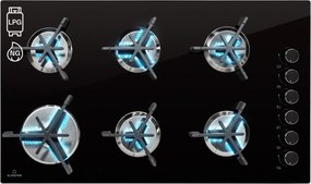 Klarstein Trifecta 6 gázfőzőlap, 6 égő, nagy, normál és kiegészítő égők, üvegkerámia